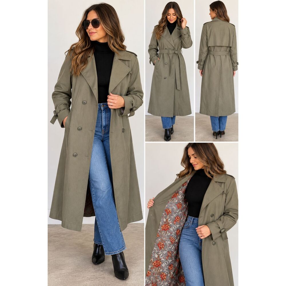 London Fog Womens 10 Reg Vintage Olive Green Trench Coat Belted Floral Lined